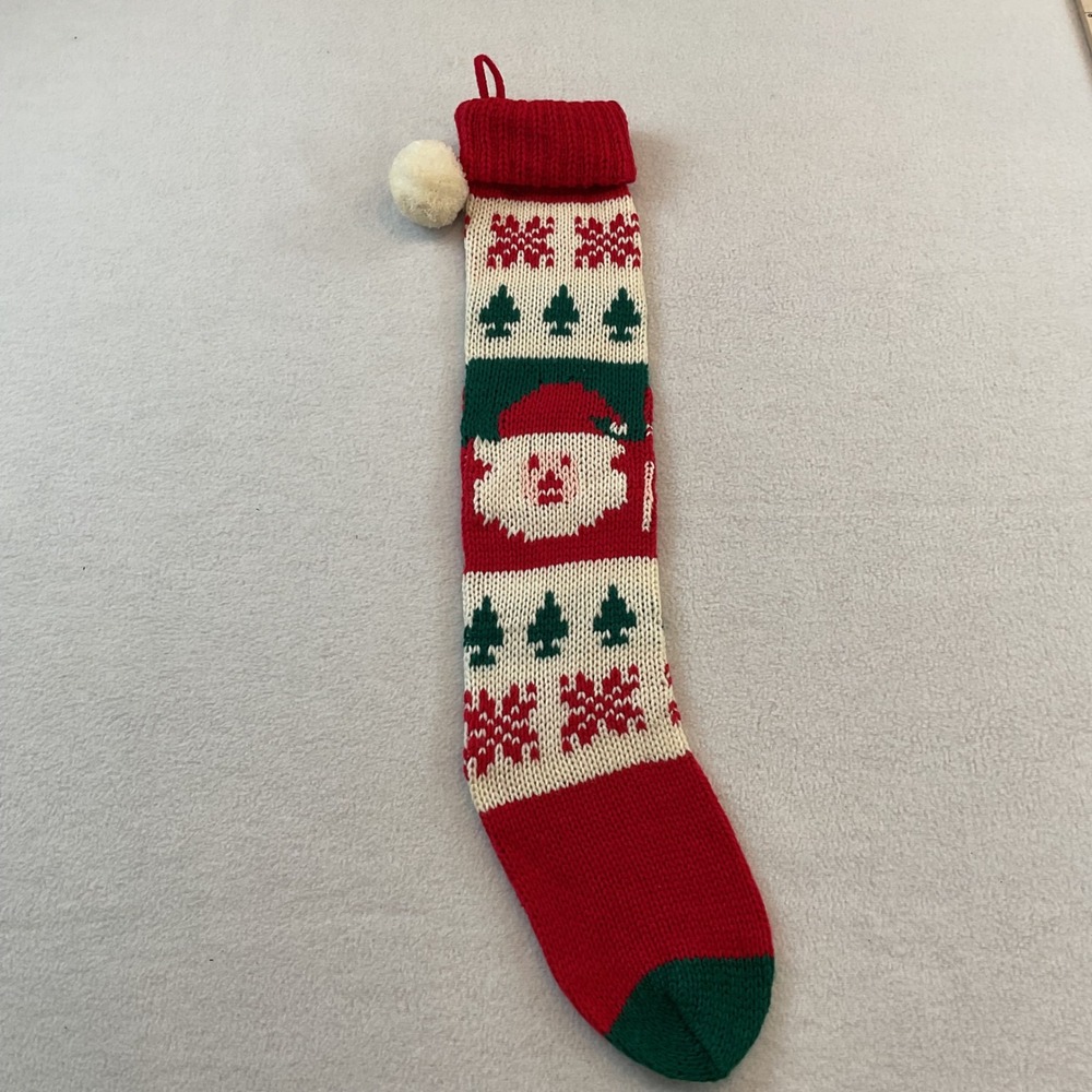 Vintage Knit Christmas Stocking Santa Claus Fair Isle Trees Red White Green